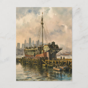 Long Wharf Boston Ship Vintage Watercolor Painting Postcard