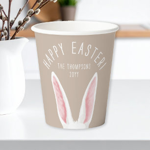 Long White Bunny Ears On Beige Happy Easter Paper Cups