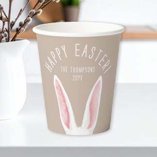 Long White Bunny Ears On Beige Happy Easter Paper Cups