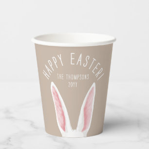 Long White Bunny Ears On Beige Happy Easter Paper Cups