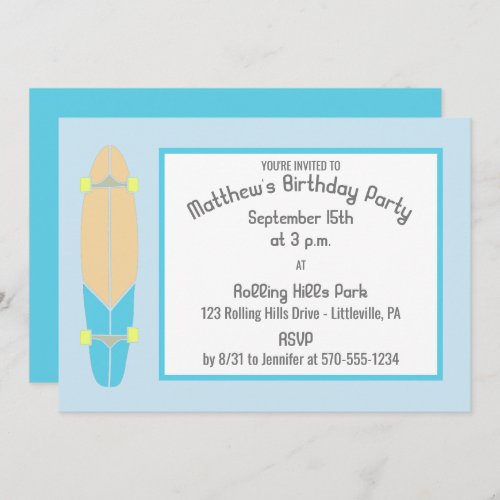 Longboard Skateboard Birthday Party Invitation