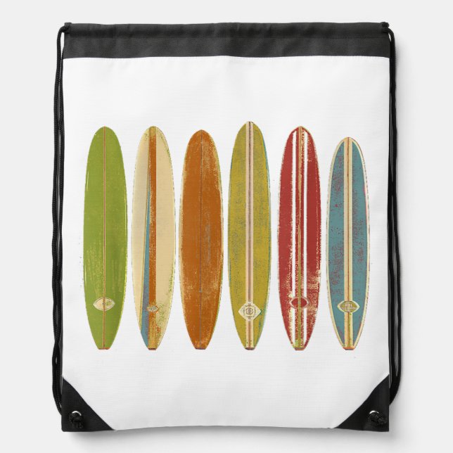 Longboard Surfboards Vintage Retro Style Surfing Drawstring Bag (Front)
