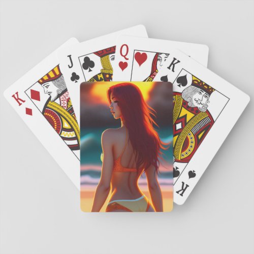 Longhair beautiful beach babe model playing cards