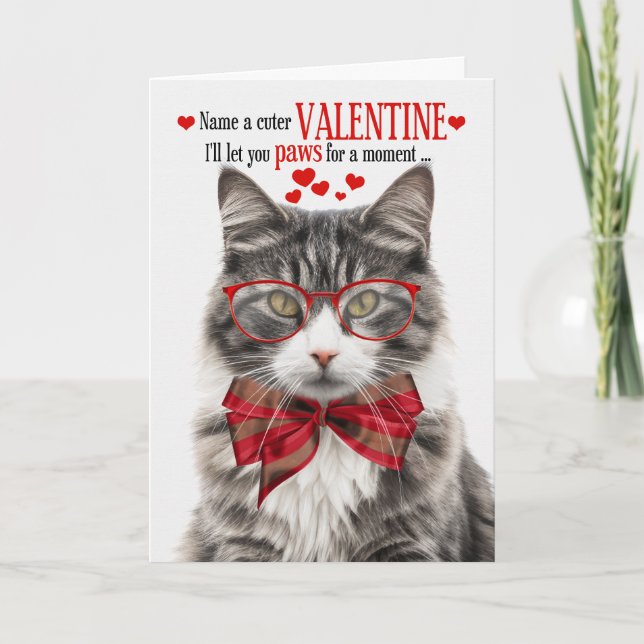 Longhair Gray Tabby Cat Valentine Feline Humor Holiday Card (Front)