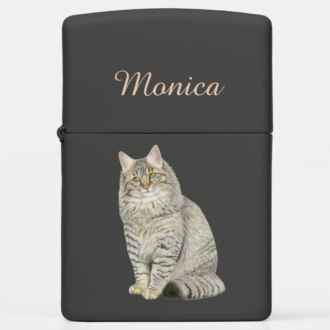 Longhair Tabby Cat Zippo Lighter (Front)