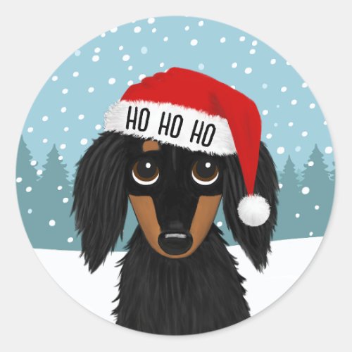 Longhaired Black and Tan Dachshund Santa Christmas Classic Round Sticker