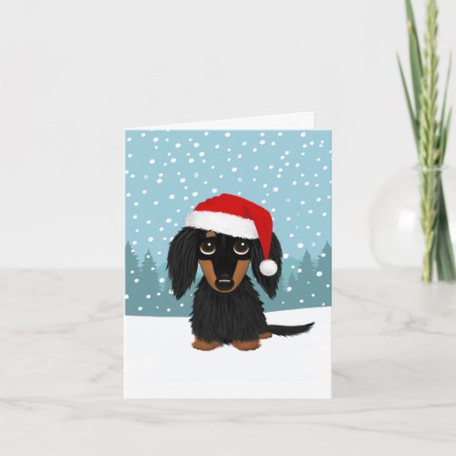 Longhaired Black and Tan Dachshund Santa Christmas Holiday Card