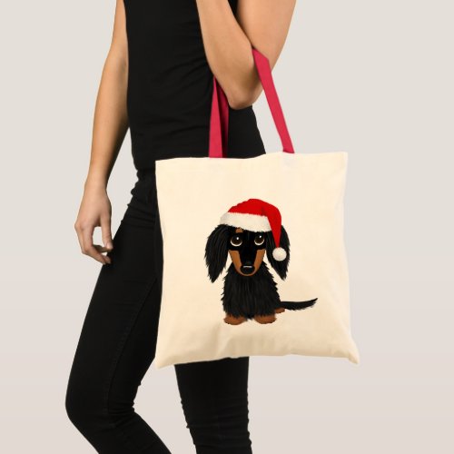 Longhaired Black and Tan Dachshund Santa Christmas Tote Bag