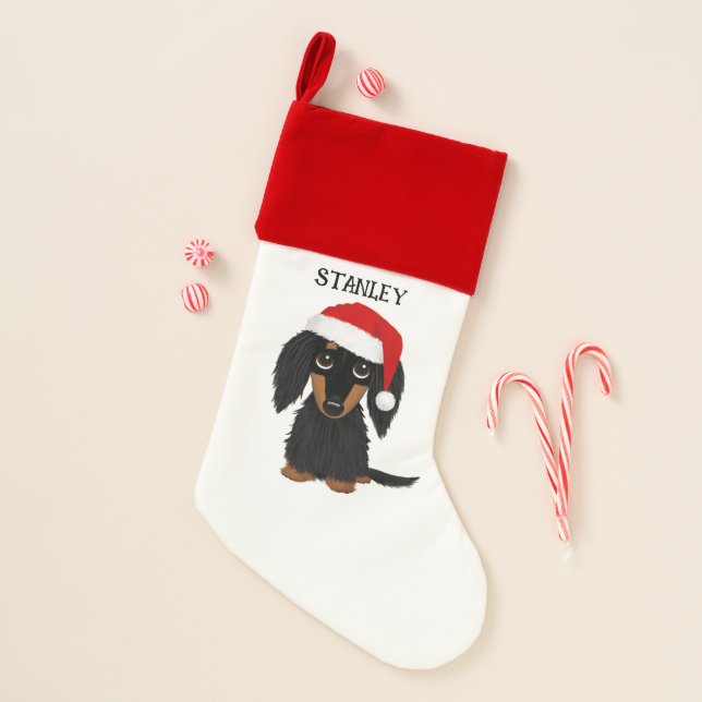 Longhaired Black and Tan Dachshund Santa Custom Christmas Stocking (Front)