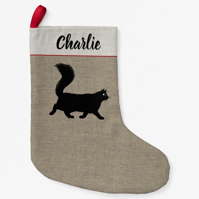 Longhaired Black Cat Personalized Pet Lover's Small Christmas Stocking (Front)