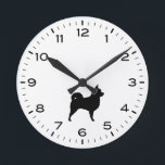 Longhaired Chihuahua Dog Silhouette Round Clock<br><div class="desc">A fun wall clock for the home or office. Makes an original gift for longhaired Chihuahua lovers. Check out Jenn’s Doodle World for even more decorative clocks and dog breed themed home decor.</div>
