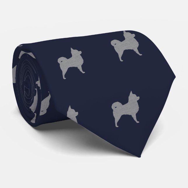 Longhaired Chihuahua Dogs Pattern Navy Blue Tie (Rolled)