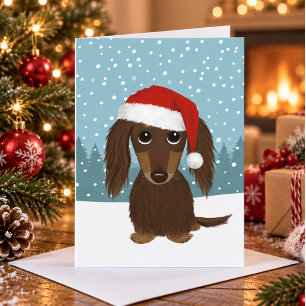 Longhaired Chocolate Dachshund Cute Dog Christmas Holiday Card