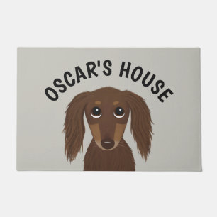 Longhaired Chocolate Dachshund Dog Personalized Doormat