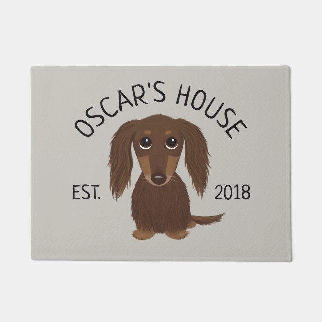 Longhaired Chocolate Dachshund Dog Personalized Doormat (Front)