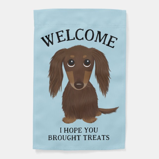 Longhaired Chocolate Dachshund Dog Welcome Garden Flag (Front)