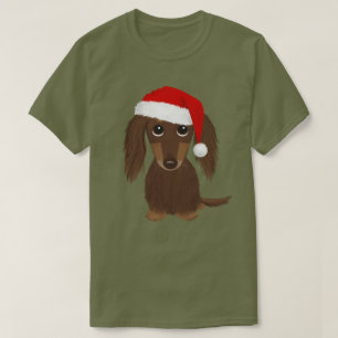Longhaired Chocolate Dachshund Santa Christmas T-Shirt