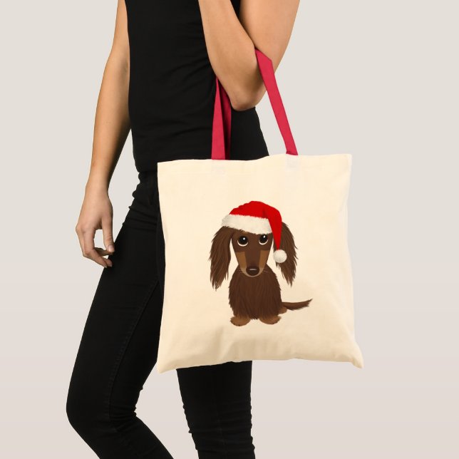 Longhaired Chocolate Dachshund Santa Christmas Tote Bag (Front (Product))