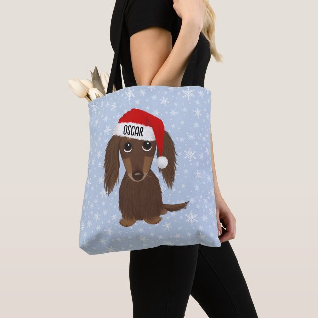 Longhaired Chocolate Dachshund Santa Custom Name Tote Bag (Close Up)