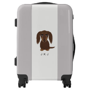 Longhaired Chocolate Dachshund with Custom Text Luggage