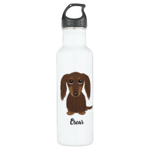 Longhaired Chocolate Dachshund with Custom Text Stainless Steel Water Bottle