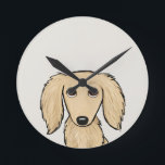 Longhaired Cream Dachshund | Cartoon Wiener Dog Round Clock<br><div class="desc">A cute wiener dog lover’s wall clock for home or office. Original drawing of a longhaired English Cream colored Dachshund. Check out Jenn’s Doodle World for even more dog breed decorative clocks and Doxie themed home decor.</div>