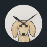 Longhaired Cream Dachshund | Cartoon Wiener Dog Round Clock<br><div class="desc">A cute wiener dog lover’s wall clock for home or office. Original drawing of a longhaired English Cream colored Dachshund. Check out Jenn’s Doodle World for even more dog breed decorative clocks and Doxie themed home decor.</div>
