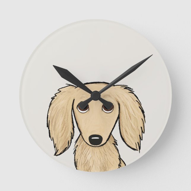 Longhaired Cream Dachshund | Cartoon Wiener Dog Round Clock (Front)