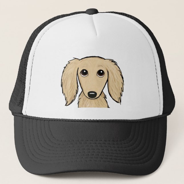 Longhaired Cream Dachshund | Cartoon Wiener Dog Trucker Hat (Front)