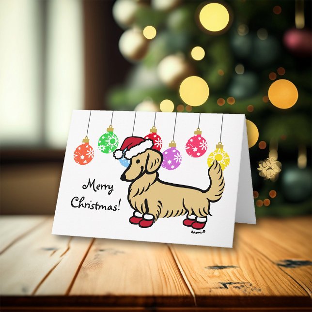 Longhaired Cream Dachshund Christmas Holiday Card (Longhaired Cream Dachshund wearing Santa Hat and Booties Christmas Cards for Dachshund Owners.)