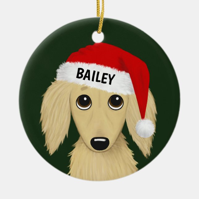 Longhaired Cream Dachshund Santa Dog Custom Ceramic Ornament (Front)