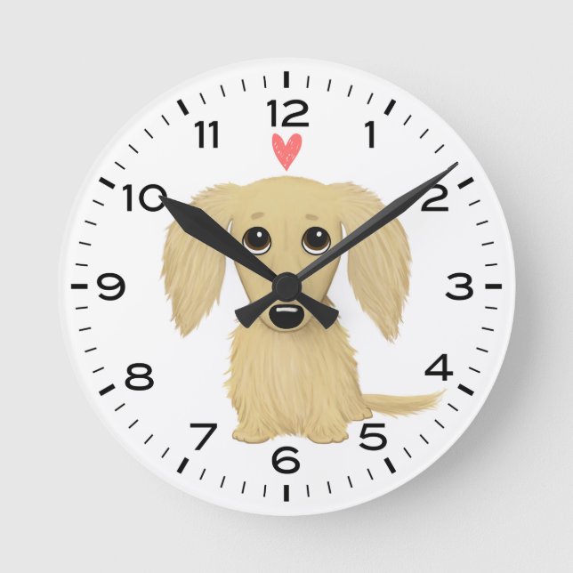 Longhaired Cream Dachshund with Heart Cute Dog Round Clock (Front)