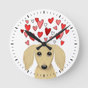 Longhaired Cream Dachshund with Hearts Cute Dog Round Clock