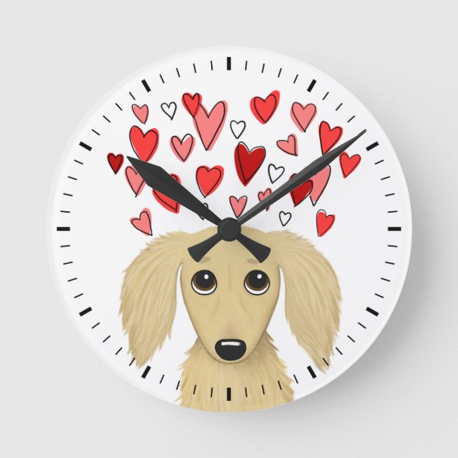 Longhaired Cream Dachshund with Hearts Cute Dog Round Clock (Front)