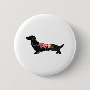 Longhaired Dachshund Bohemian Floral Silhouette Button