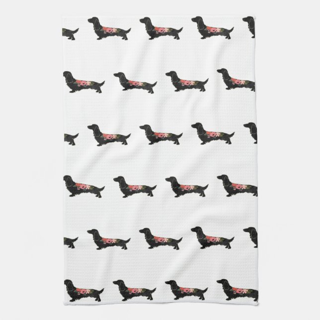 Longhaired Dachshund Bohemian Floral Silhouette Kitchen Towel (Vertical)