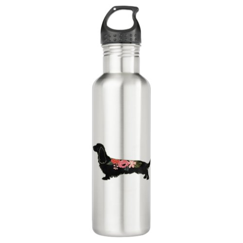Longhaired Dachshund Bohemian Floral Silhouette Stainless Steel Water Bottle