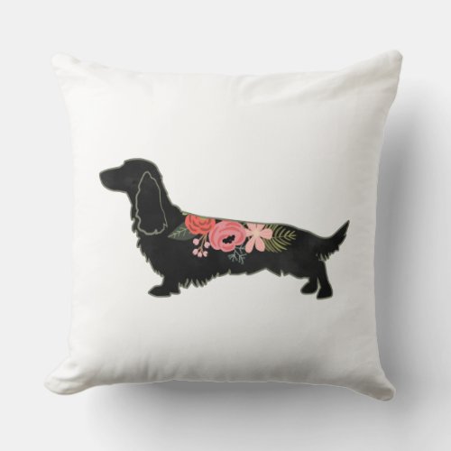 Longhaired Dachshund Bohemian Floral Silhouette Throw Pillow