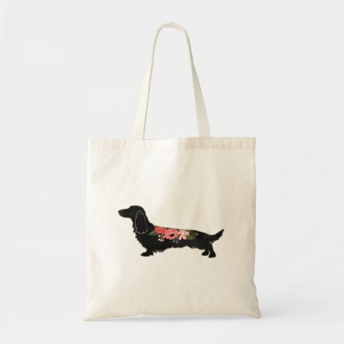 Longhaired Dachshund Bohemian Floral Silhouette Tote Bag