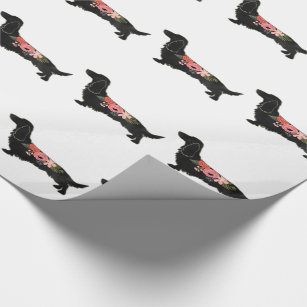 Longhaired Dachshund Bohemian Floral Silhouette Wrapping Paper