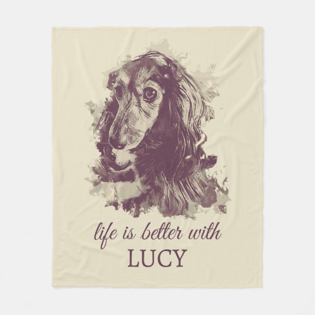 Longhaired Dachshund Custom Dog Name Fleece Blanket (Front)