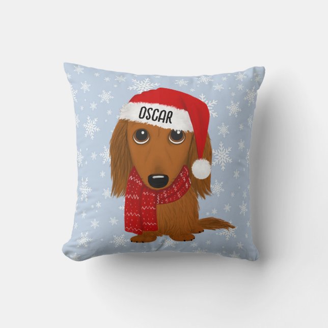 Longhaired Dachshund Cute Dog Christmas Custom Throw Pillow (Front)