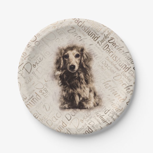 Longhaired Dachshund dog Paper Plates (Front)