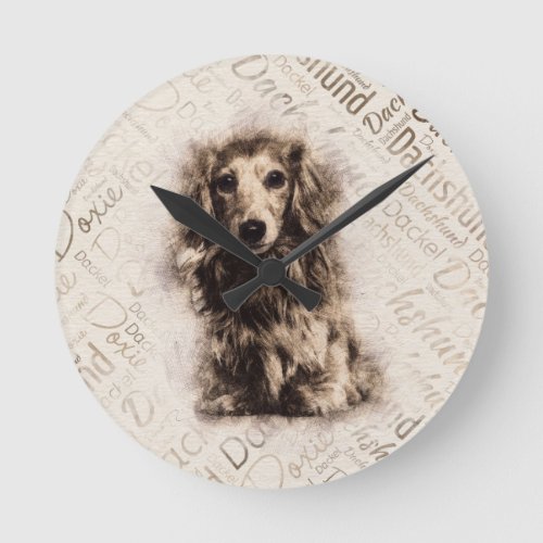 Longhaired Dachshund dog Round Clock