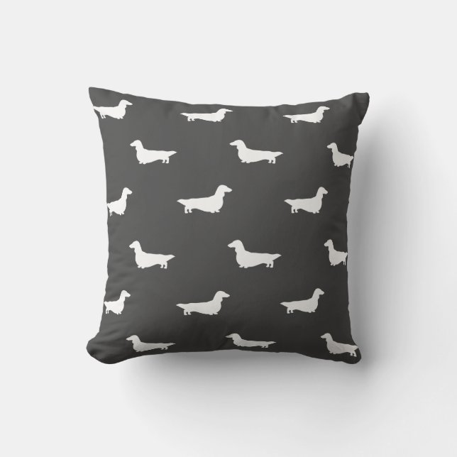 Longhaired Dachshund Dog Silhouettes Pattern Grey Throw Pillow (Front)