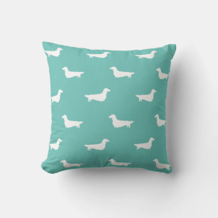 Longhaired Dachshund Dog Silhouettes Pattern Teal Throw Pillow