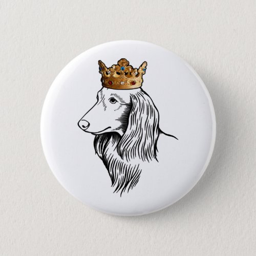 Longhaired Dachshund Dog Wearing Crown Button