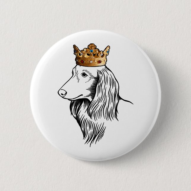 Longhaired Dachshund Dog Wearing Crown Button (Front)