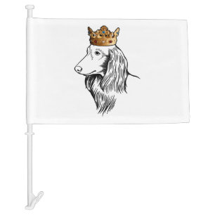 Longhaired Dachshund Dog Wearing Crown Car Flag