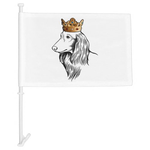 Longhaired Dachshund Dog Wearing Crown Car Flag